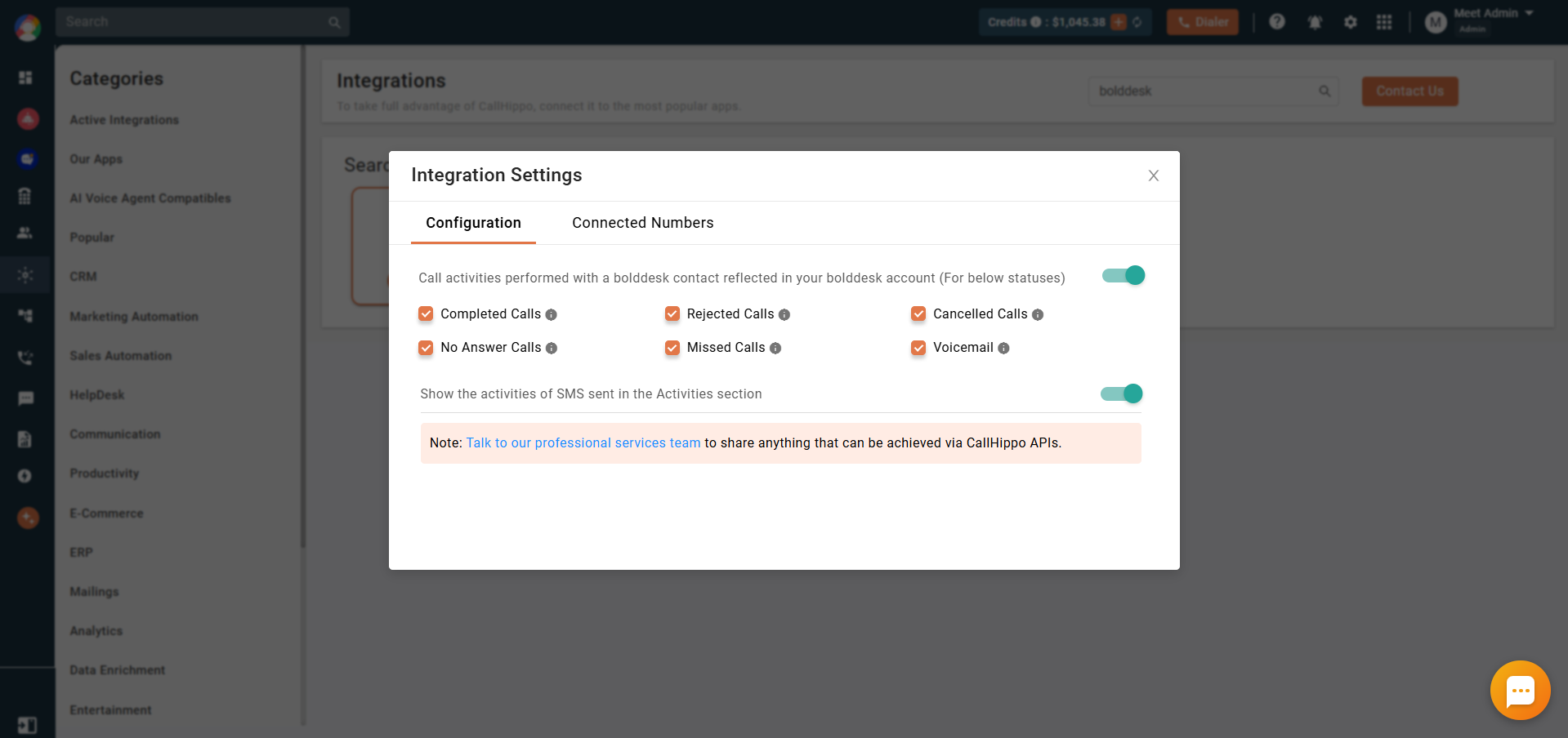 Integration settings Configuration tab with activity sync toggle and call status checkboxes