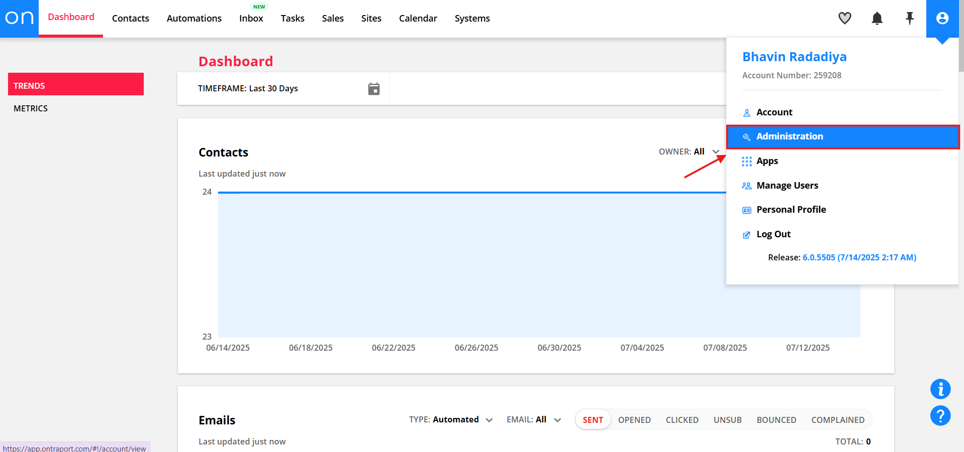 Ontraport user menu with Administration highlighted