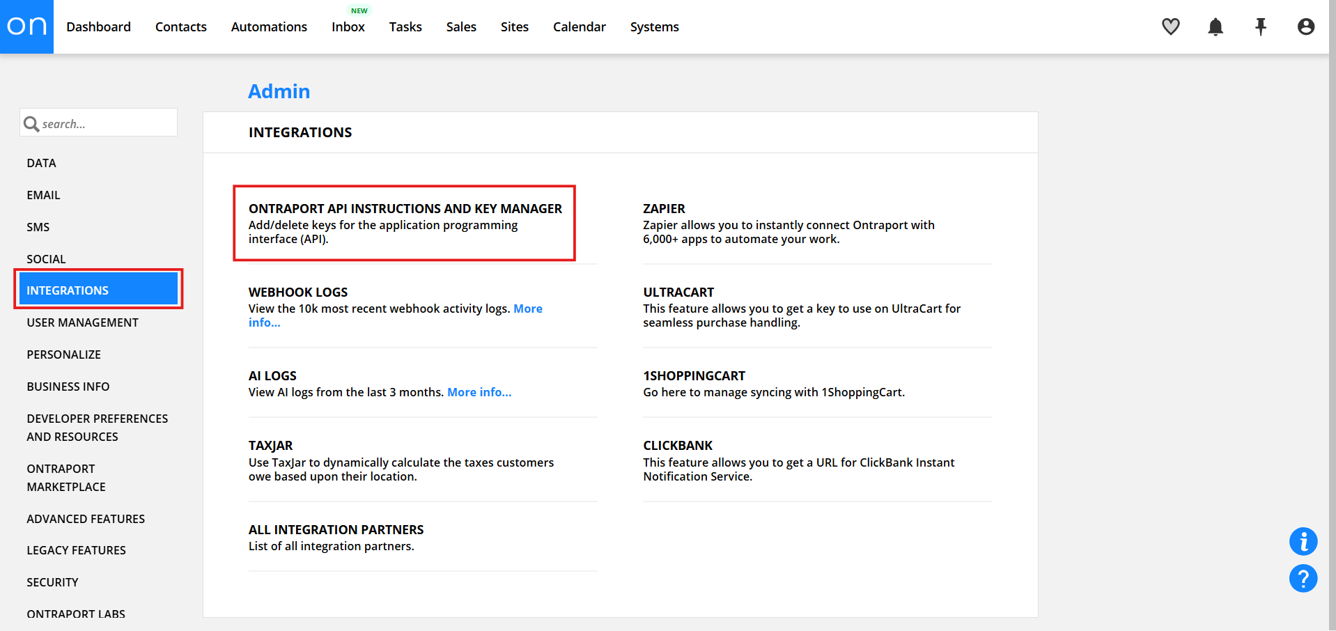 Ontraport Admin Integrations page with API Instructions and Key Manager highlighted