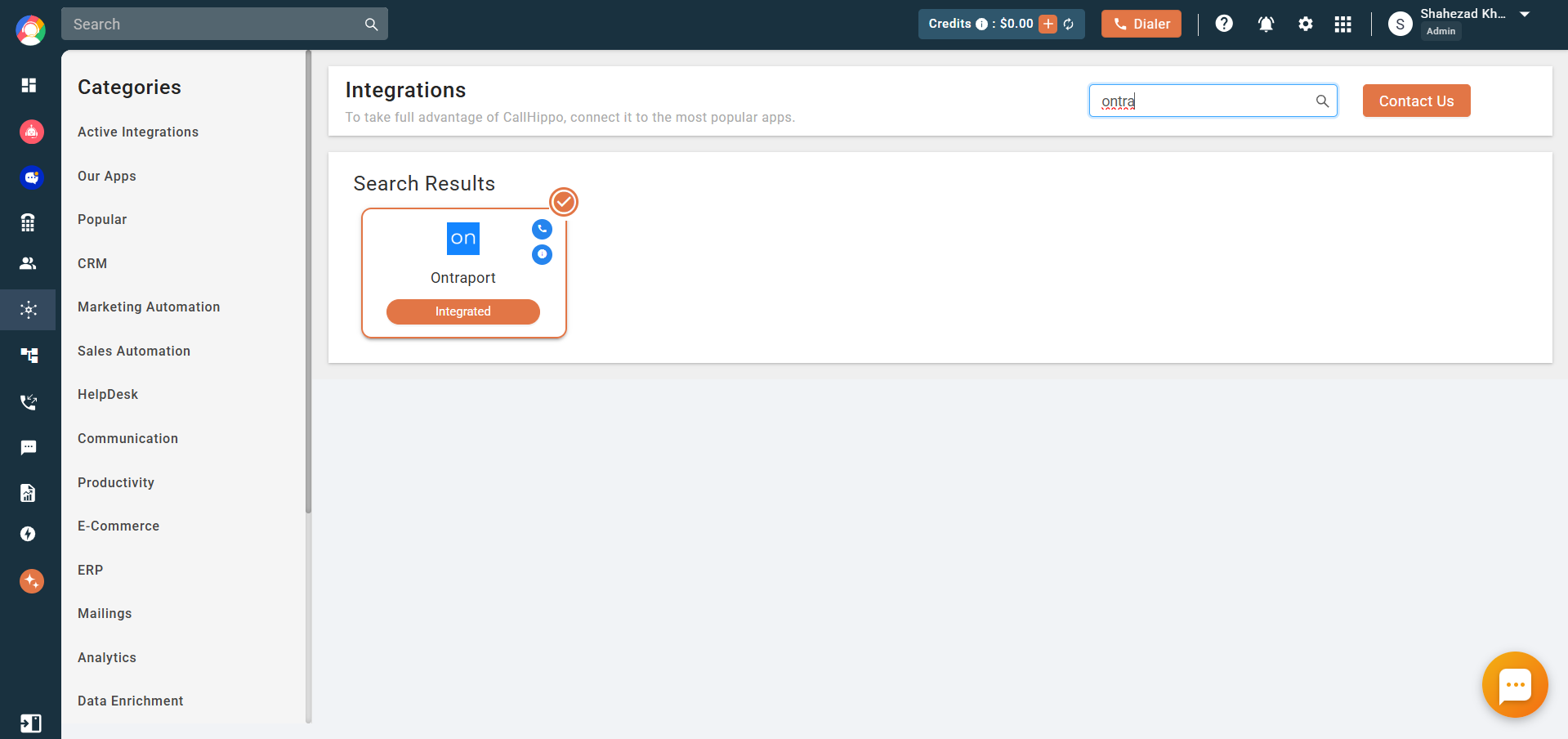 Ontraport integration card showing Integrated status in CallHippo