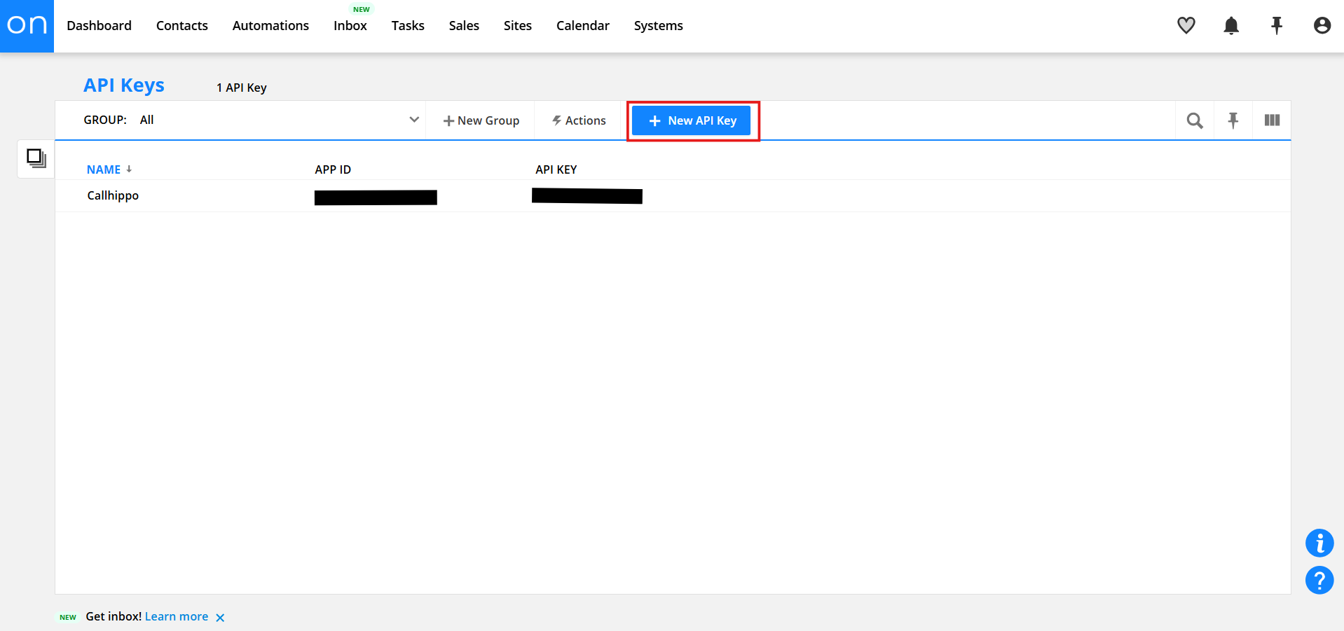 Ontraport API Keys page with New API Key button highlighted