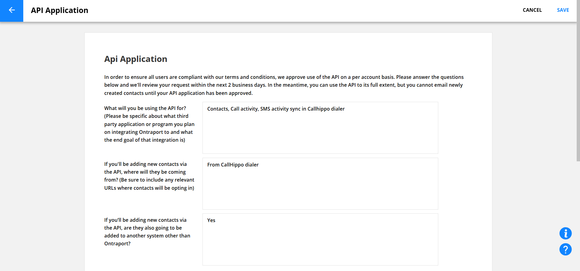 Ontraport API Application form with usage questions filled in