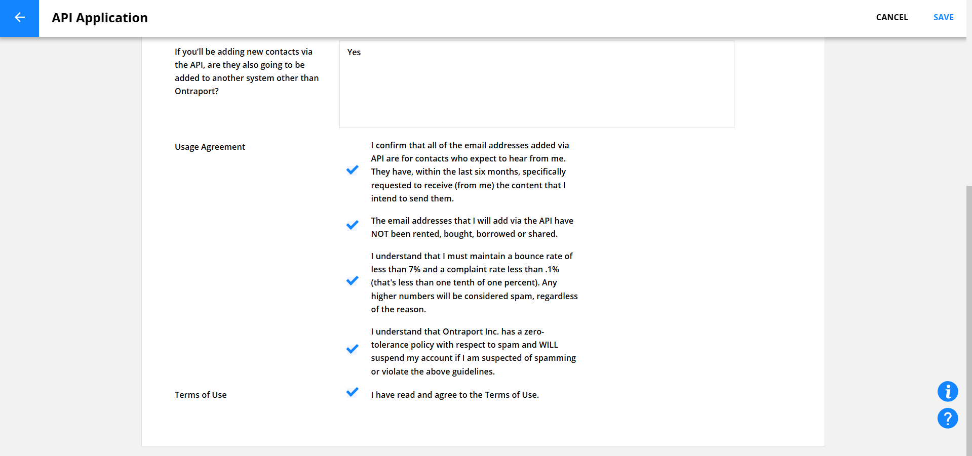Ontraport API Application usage agreement checkboxes selected