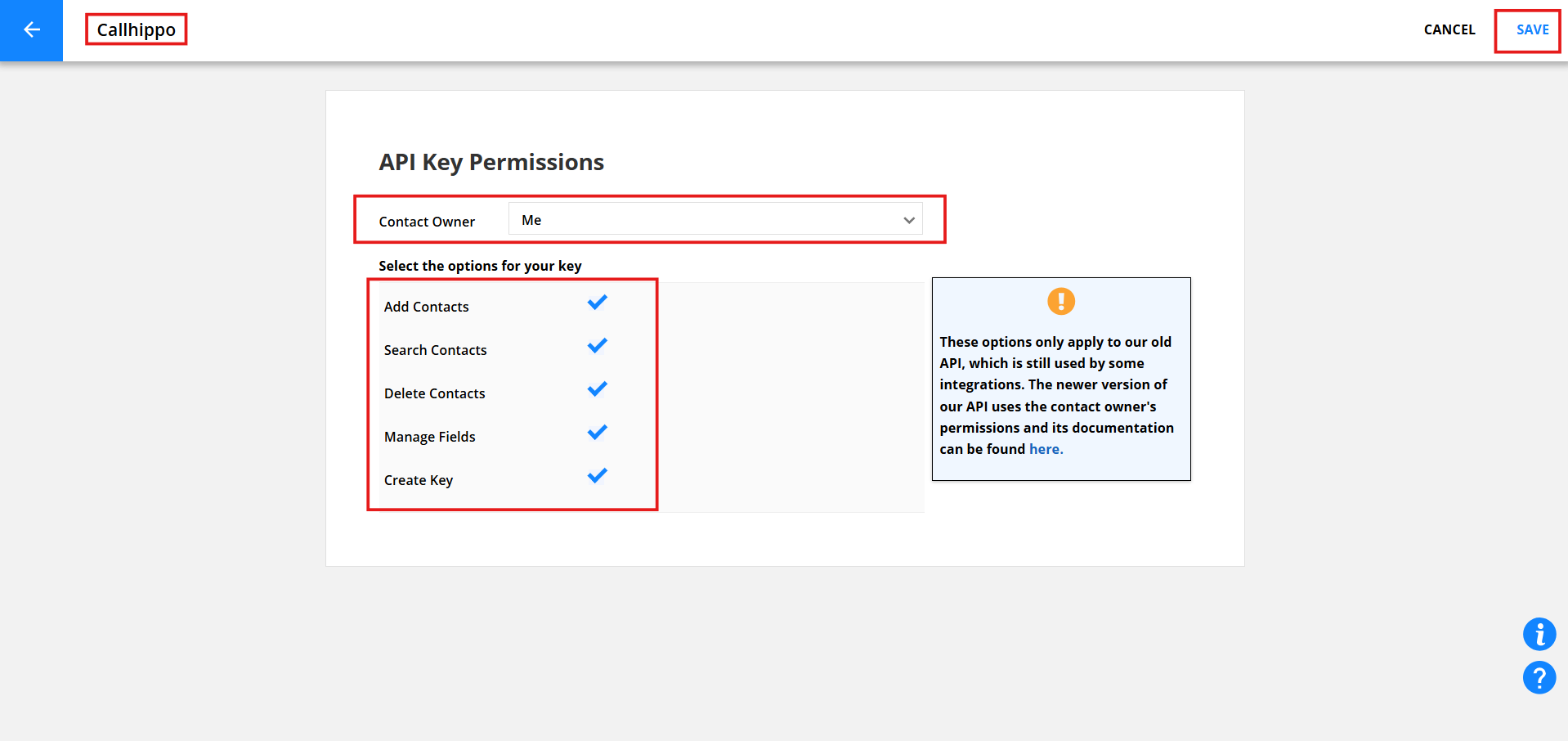 Ontraport API Key Permissions with Contact Owner and options selected