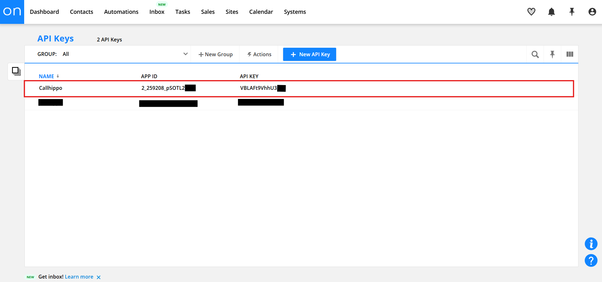 Ontraport API Keys list showing the generated APP ID and API Key
