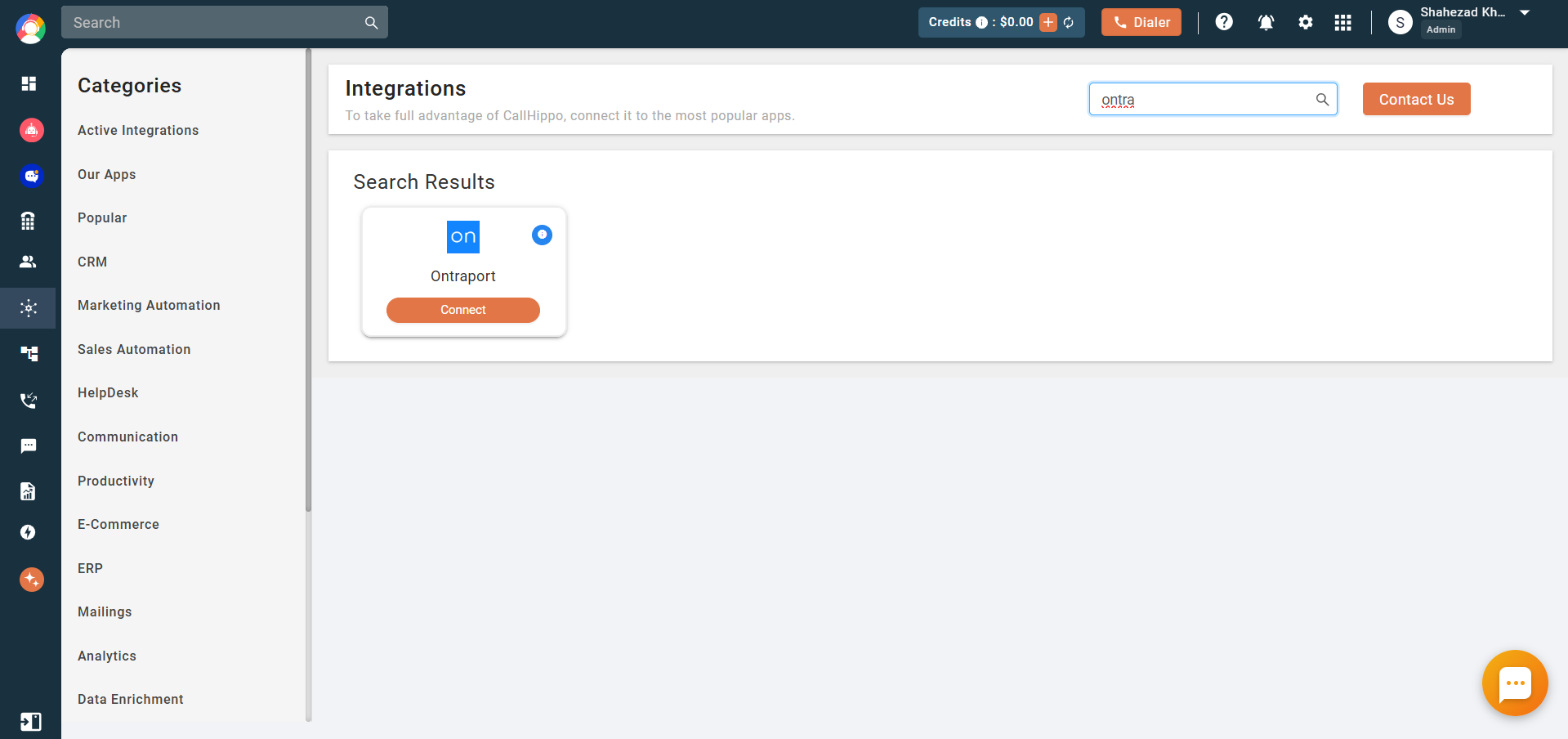 Ontraport integration card in CallHippo with Connect button