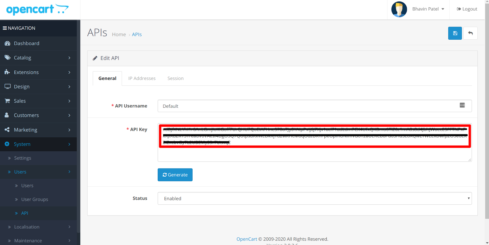 OpenCart Edit API page showing the API key field and Generate button