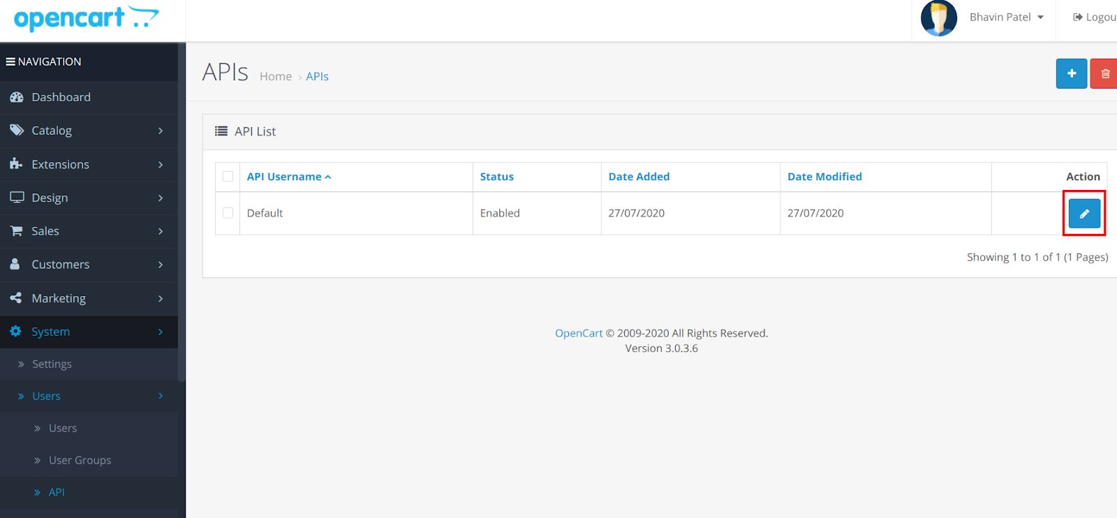 OpenCart API list with the edit action button highlighted