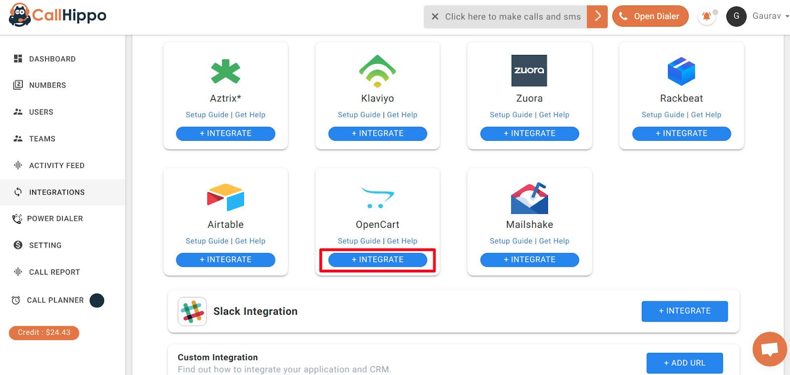 CallHippo Integrations grid with the OpenCart Integrate button highlighted