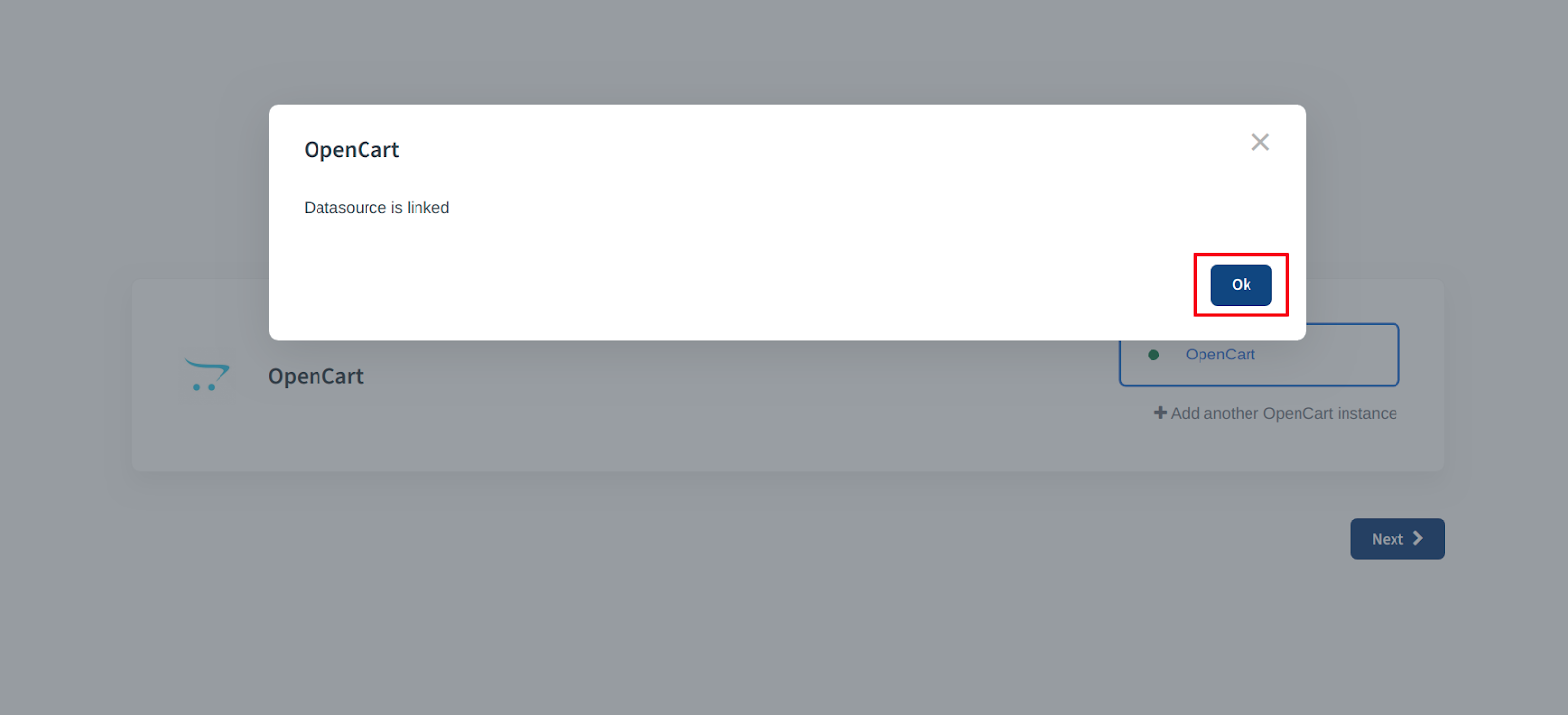 CallHippo popup confirming the OpenCart datasource is linked with an Ok button