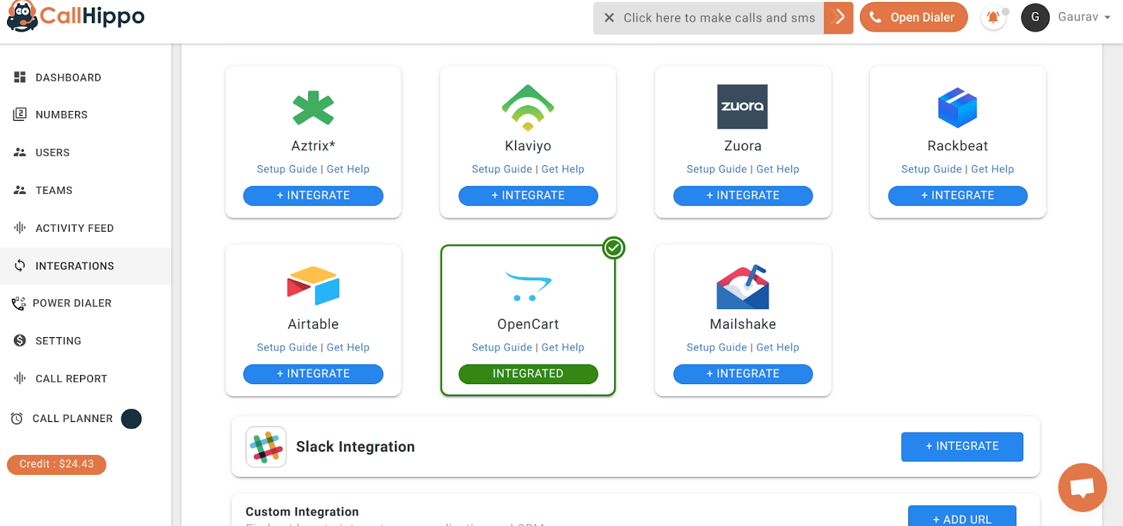 CallHippo Integrations grid showing OpenCart marked as Integrated