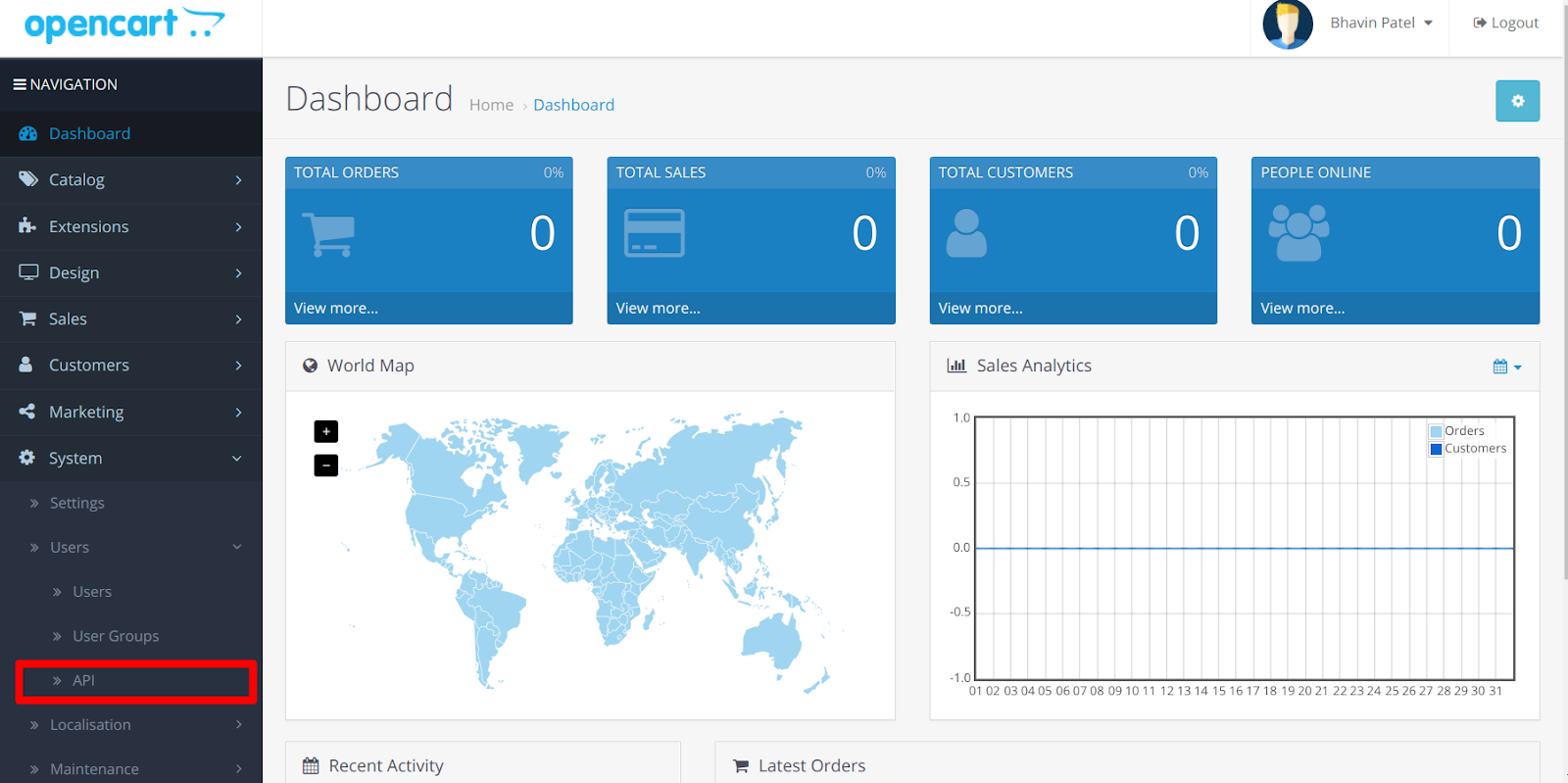 OpenCart dashboard with System, Users, API highlighted in the navigation