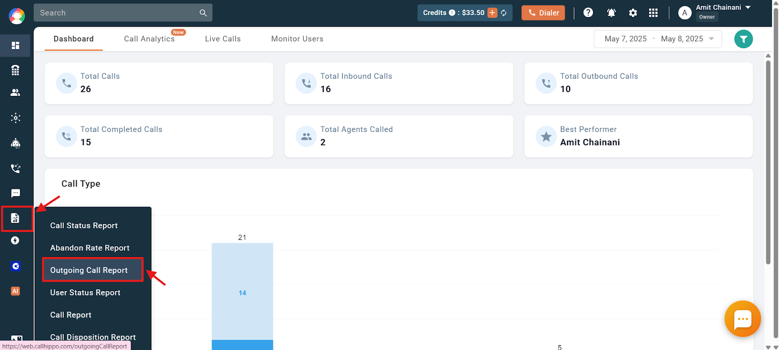 CallHippo Reports menu with Outgoing Call Report option highlighted