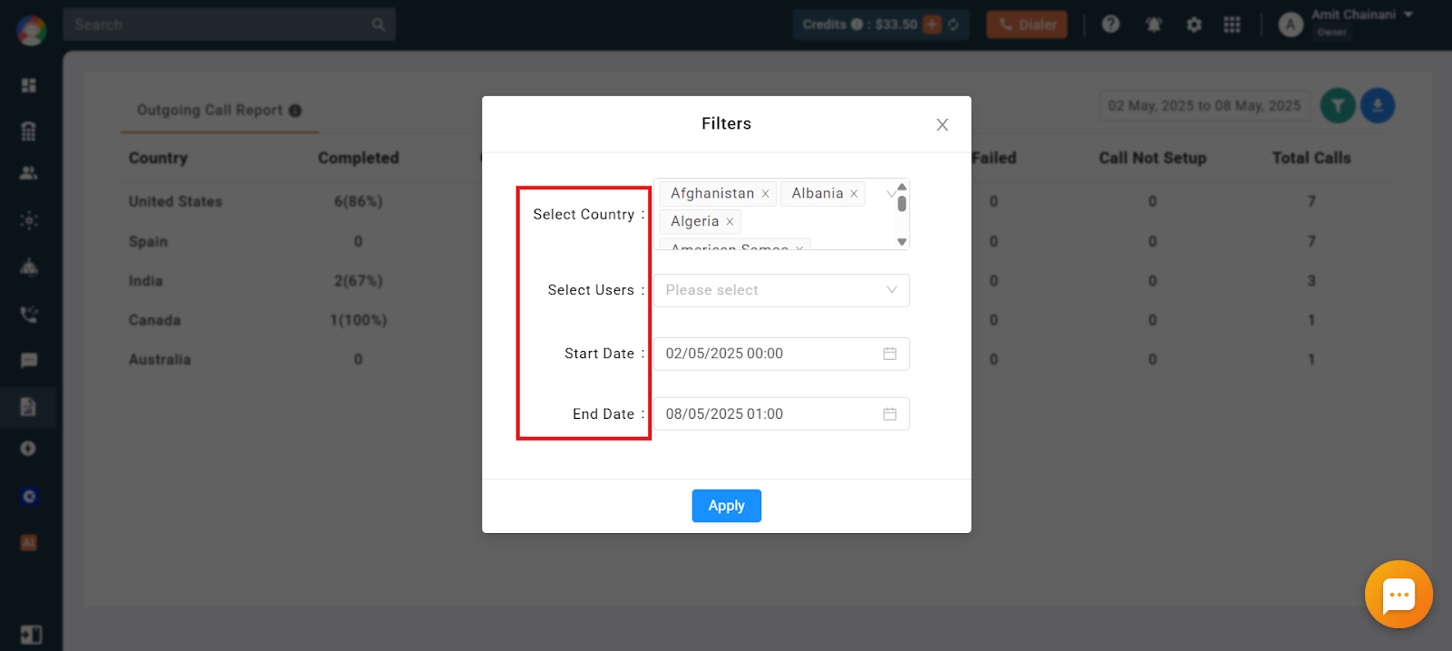 Outgoing Call Report filter dialog with country, user and date range options