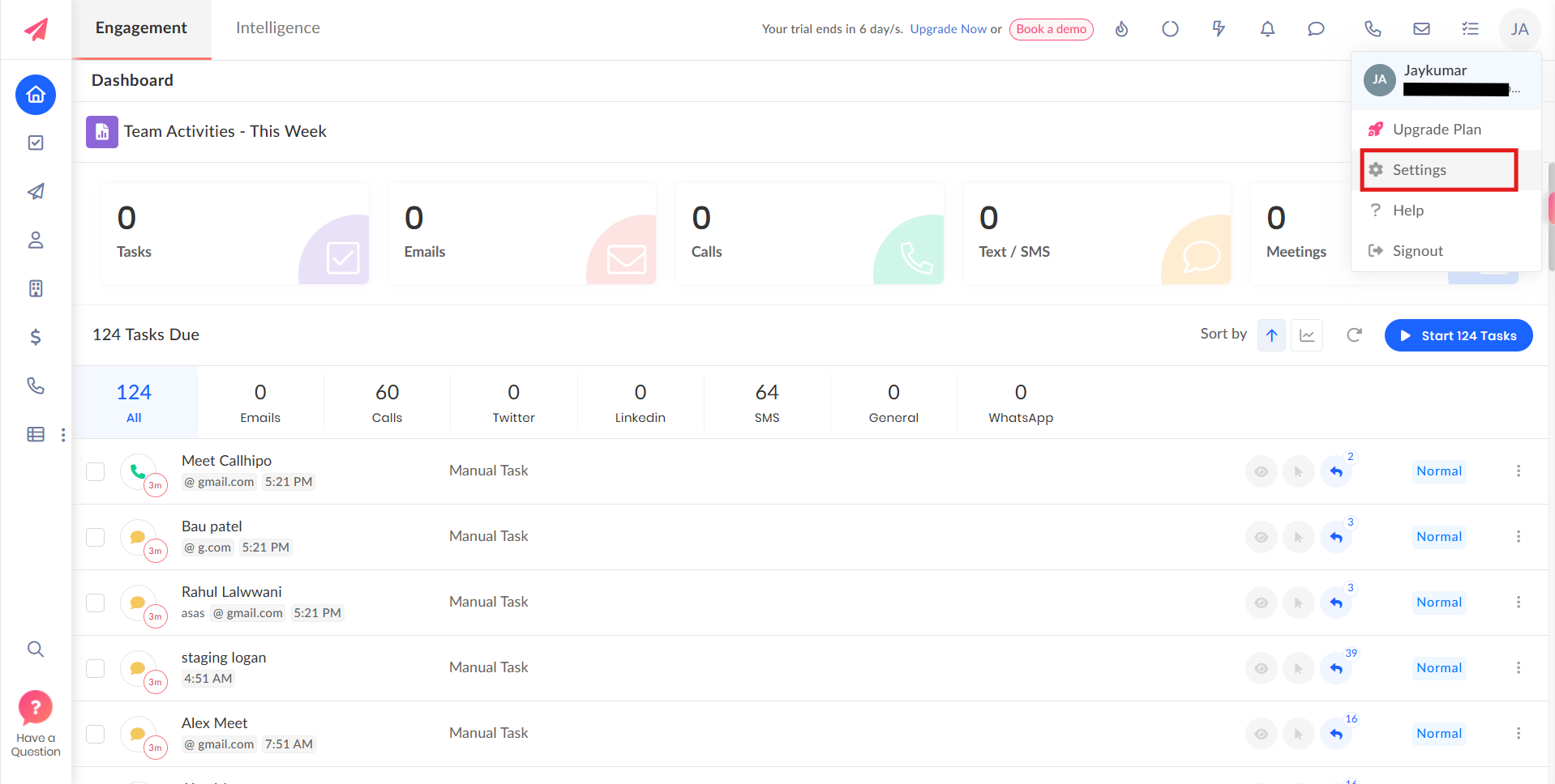 Outplay dashboard with the profile menu open and Settings highlighted