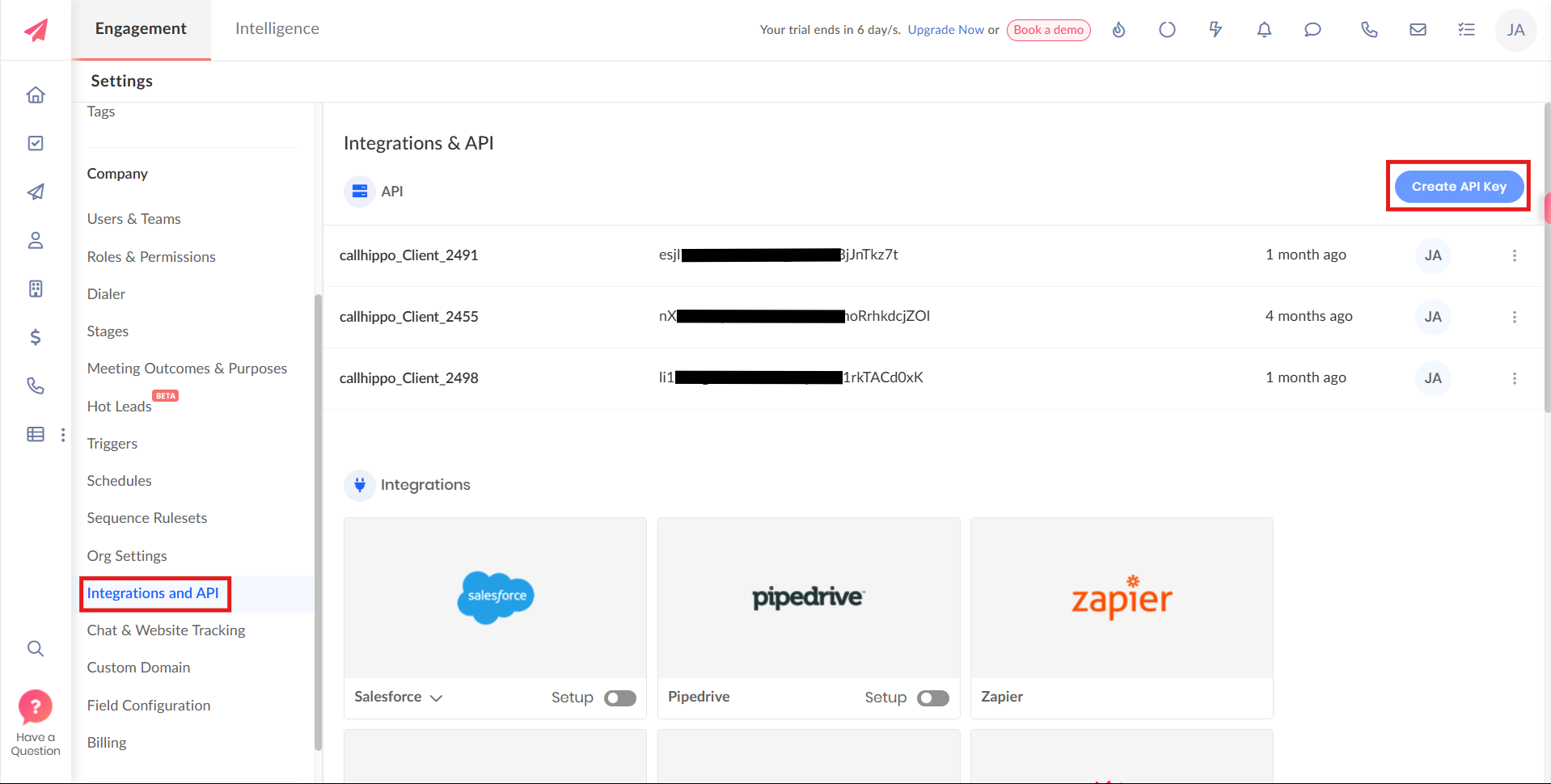 Outplay Integrations and API settings with the Create API Key button highlighted