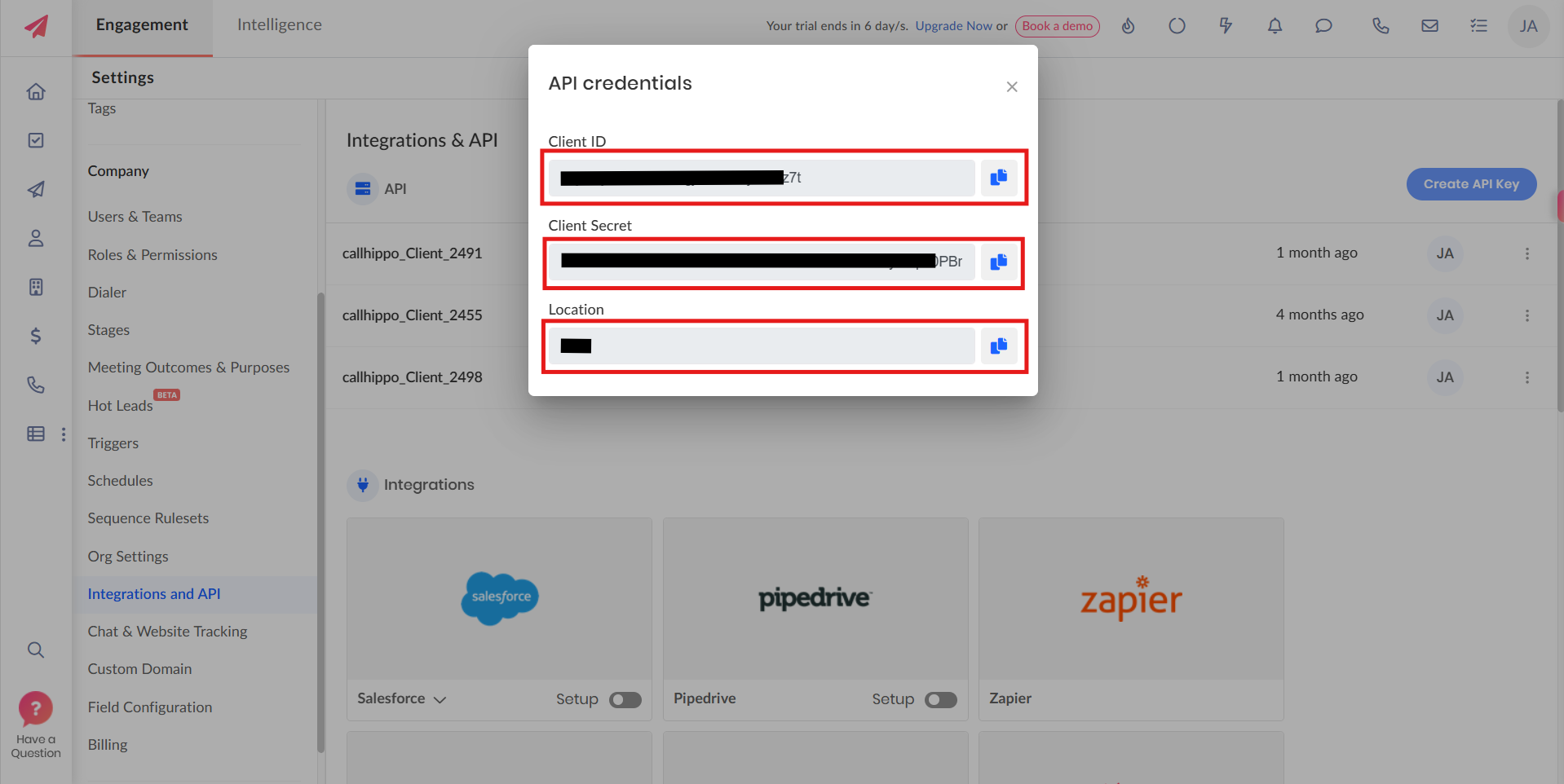Outplay API credentials popup showing Client ID, Client Secret and Location
