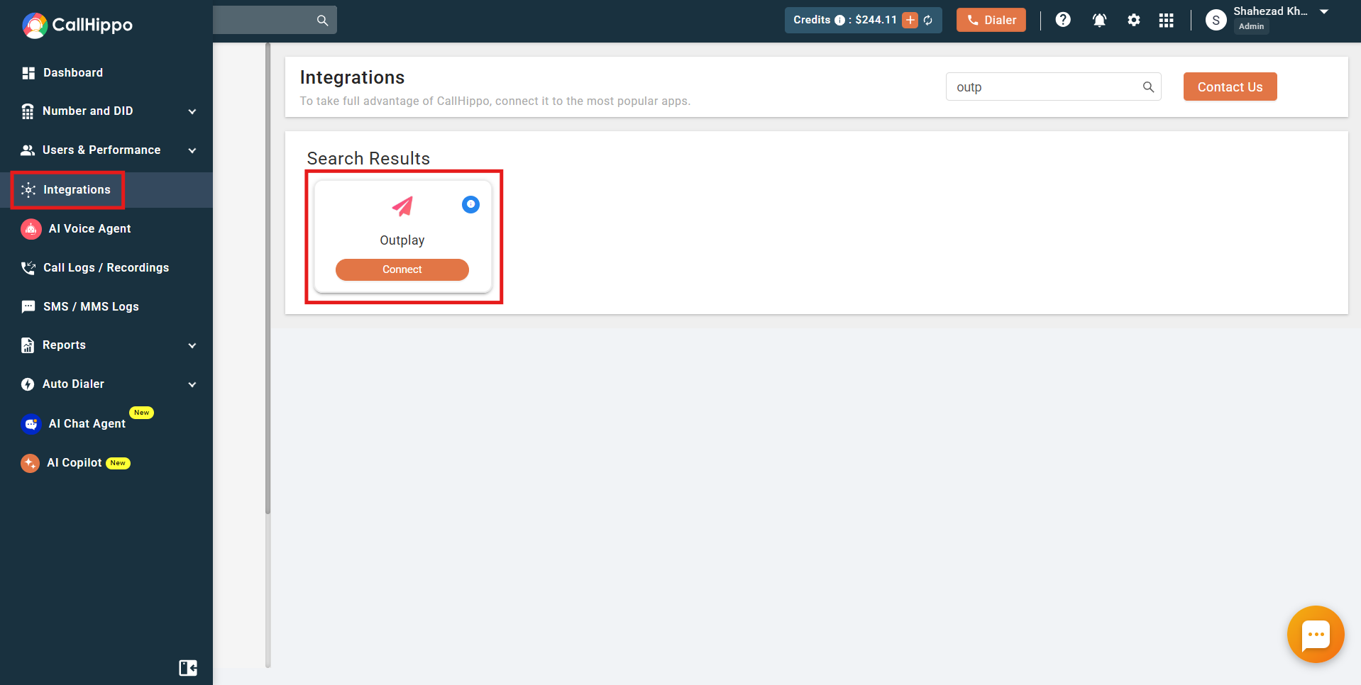 CallHippo integrations page with Outplay Connect button highlighted