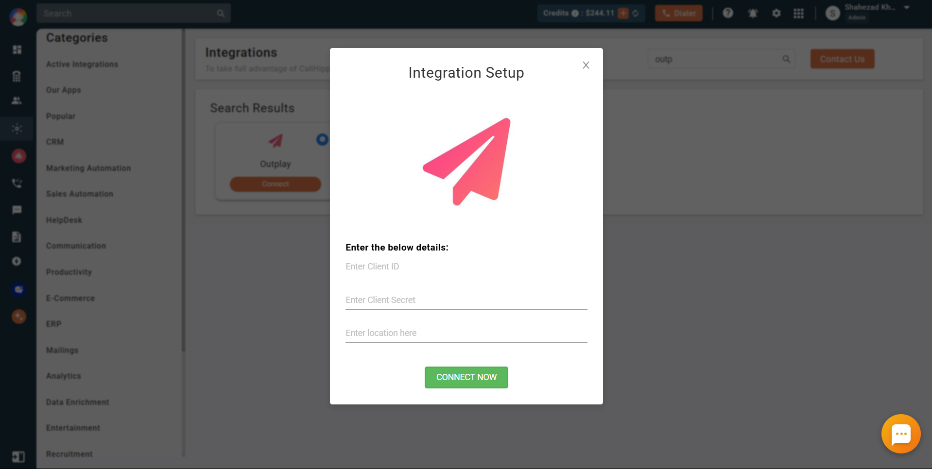 CallHippo Outplay integration setup popup to enter Client ID, Client Secret and location