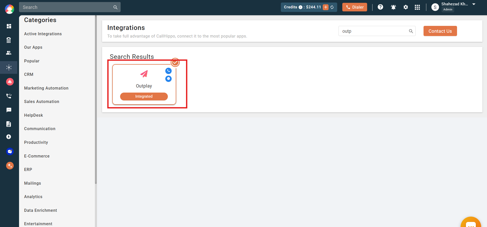 CallHippo integrations page showing Outplay status as Integrated