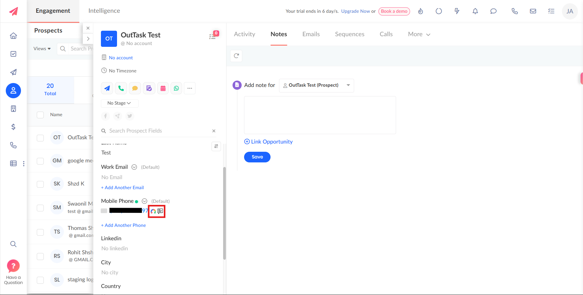 Outplay prospect record with CallHippo click-to-call and SMS icons beside the phone number