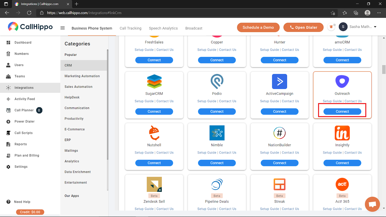 CallHippo Integrations page with Outreach card and Connect button highlighted