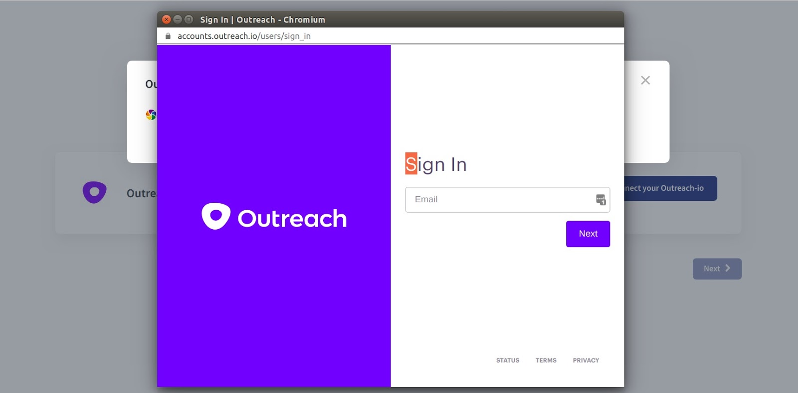 Outreach sign-in window prompting for email address