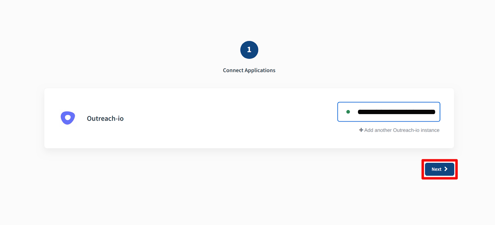 Outreach-io connected in CallHippo with Next button highlighted