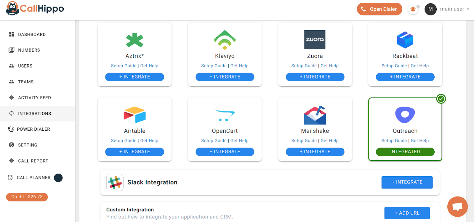 CallHippo integrations dashboard showing Outreach marked as Integrated