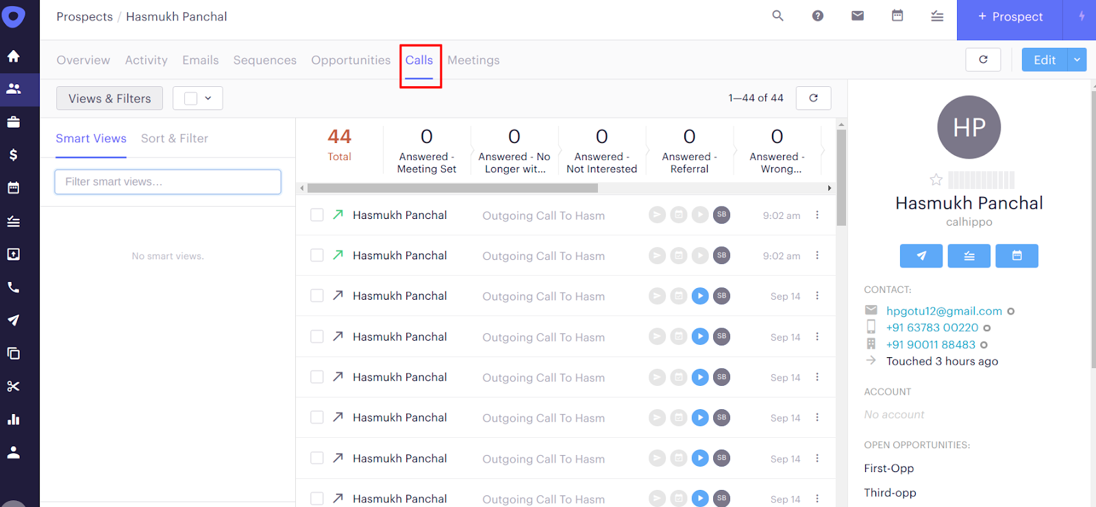 Outreach prospect Calls tab showing synced CallHippo call activity