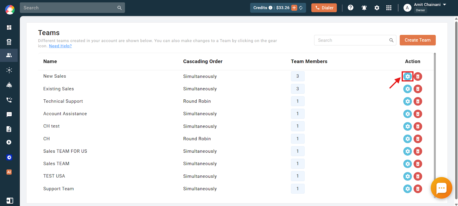 CallHippo Teams list with the settings gear icon highlighted in the Action column