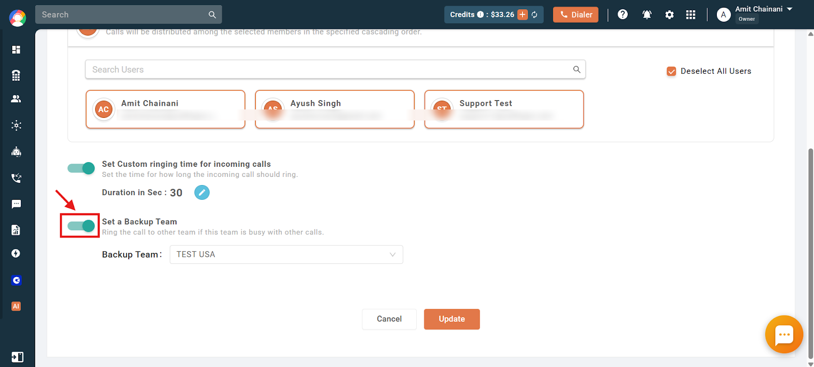 Team settings with the Set a Backup Team toggle enabled