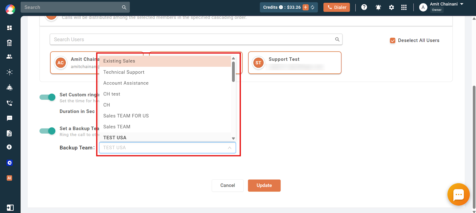 Backup Team dropdown open showing a list of teams to forward calls to
