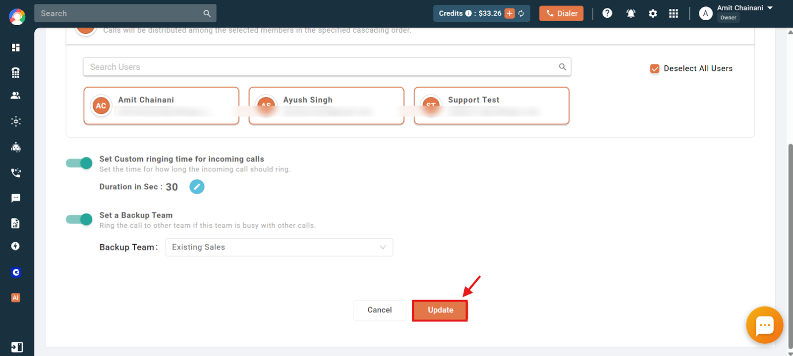 Team settings with the selected backup team and the Update button highlighted