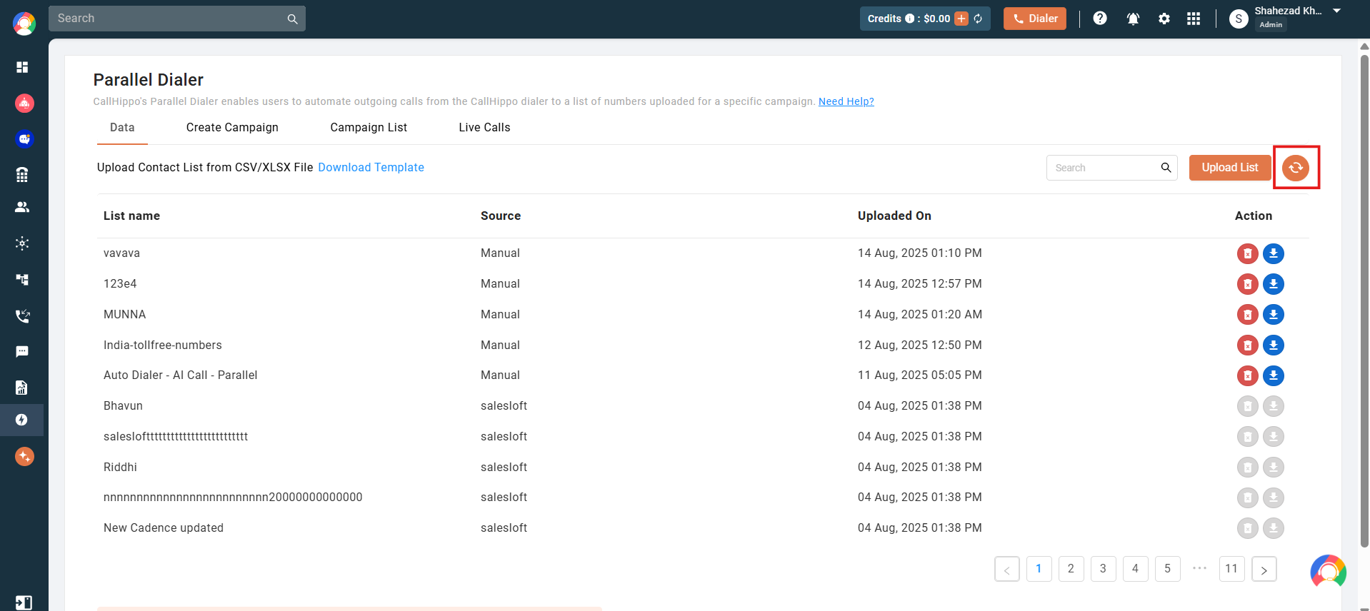 Parallel Dialer Data tab with the refresh button highlighted next to the Upload List button