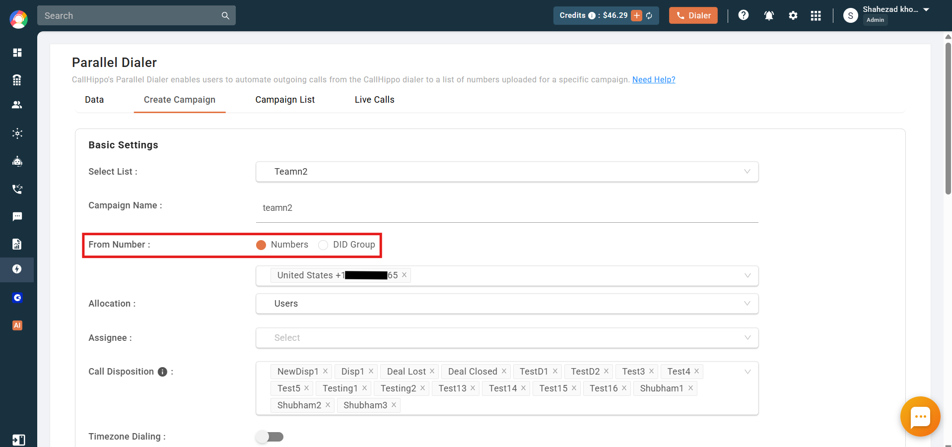 Create Campaign with the From Number Numbers or DID Group options highlighted