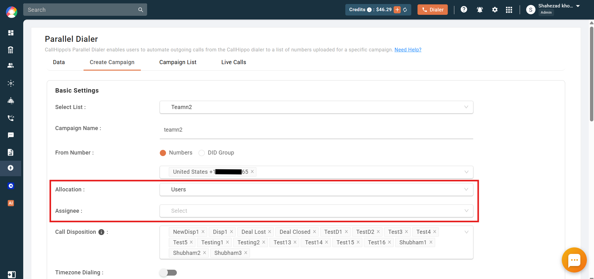 Create Campaign with the Allocation and Assignee fields highlighted