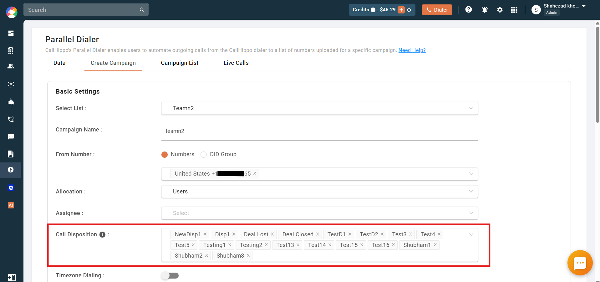 Create Campaign with the Call Disposition field highlighted showing selected disposition tags