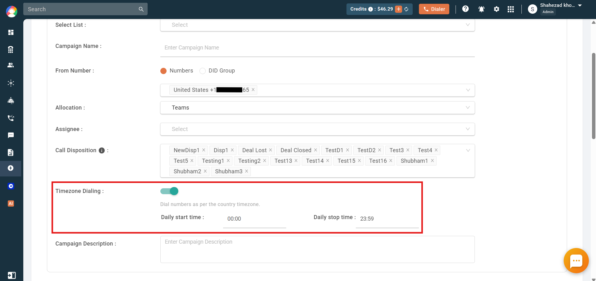 Create Campaign with Timezone Dialing enabled showing daily start and stop time fields