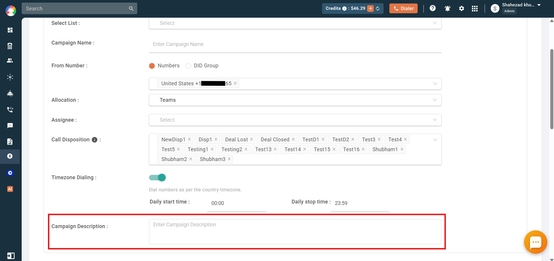 Create Campaign with the Campaign Description field highlighted