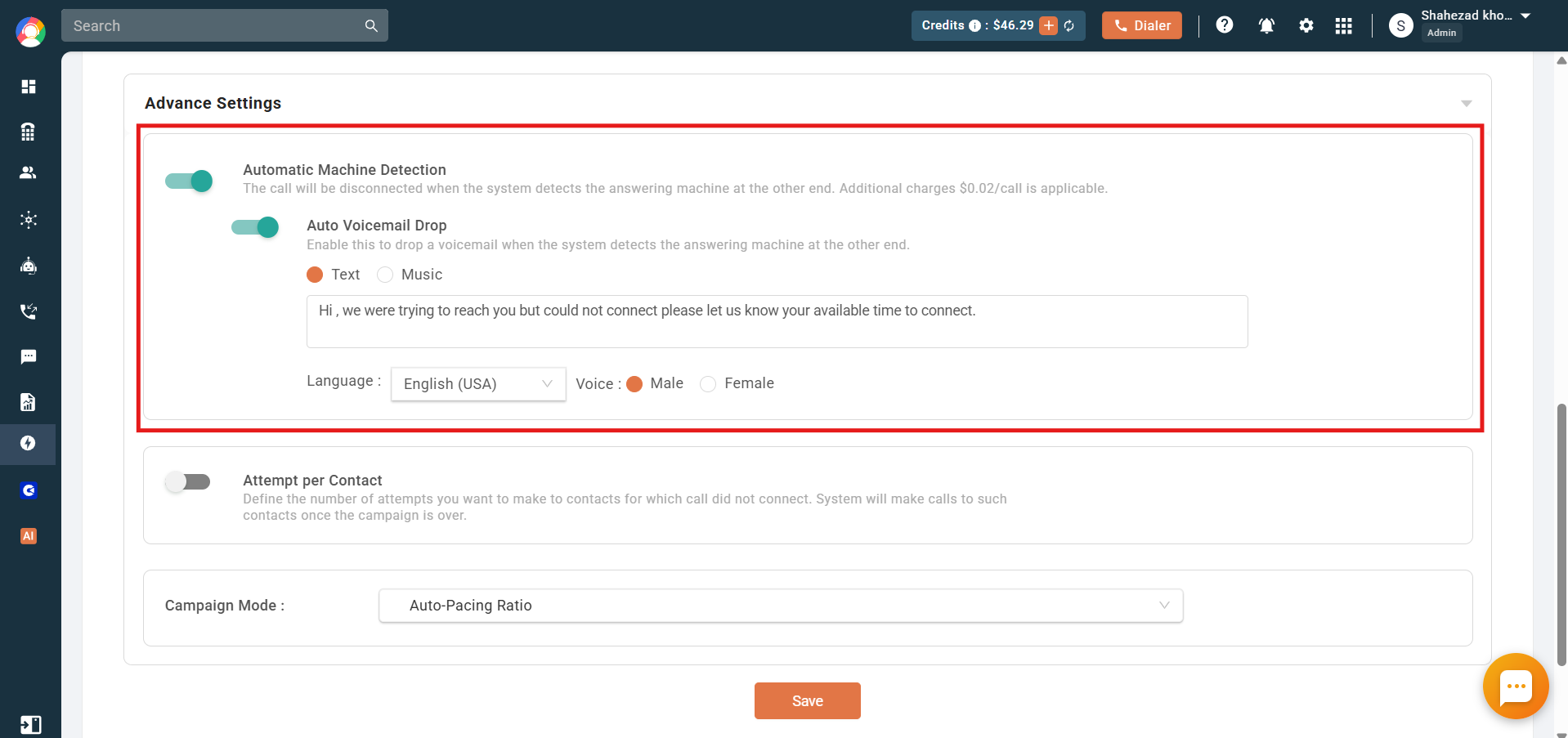 Advance Settings with Automatic Machine Detection and Auto Voicemail Drop enabled showing a text voicemail message, language and voice options