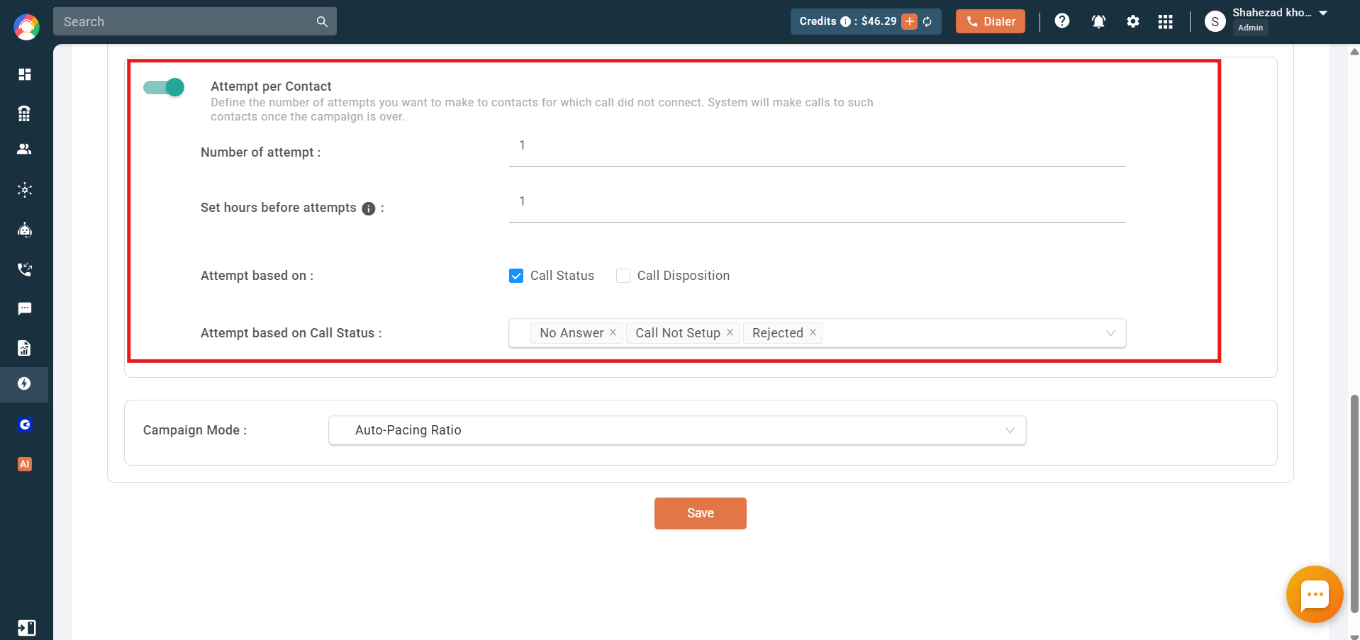 Advance Settings with Attempt per Contact enabled showing number of attempts, hours before attempts and attempt based on call status