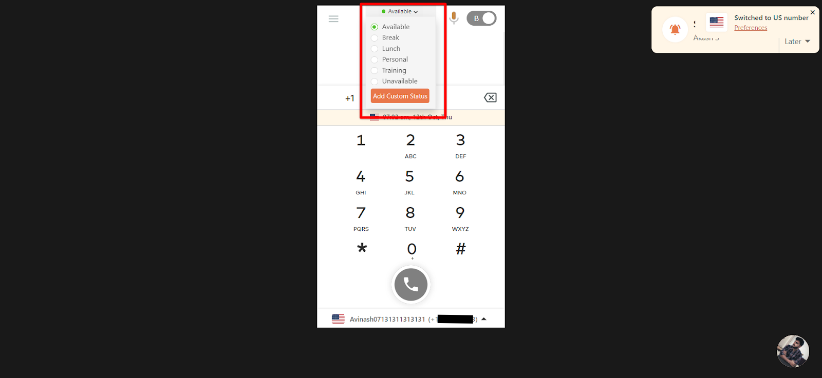 Dialer availability dropdown showing Available, Break, Lunch, Personal, Training and Unavailable statuses