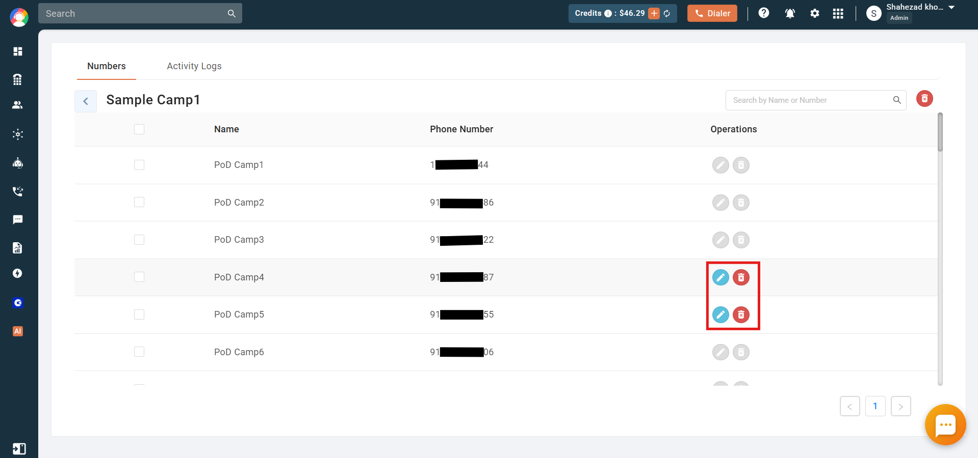 Campaign view Numbers tab showing uploaded contacts with edit and delete operations for contacts not yet called