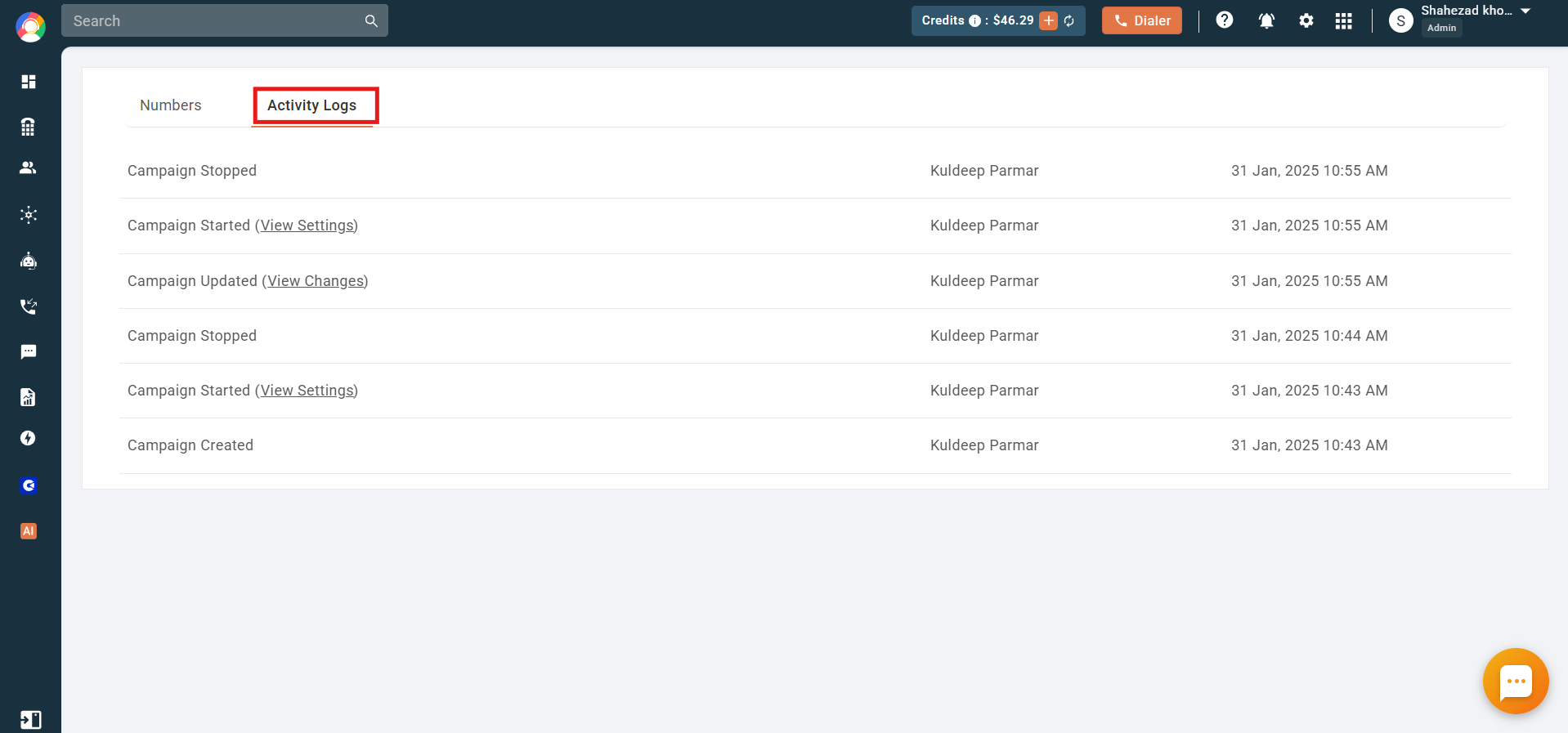 Campaign Activity Logs listing Campaign Stopped, Started, Updated and Created entries with timestamps and user names