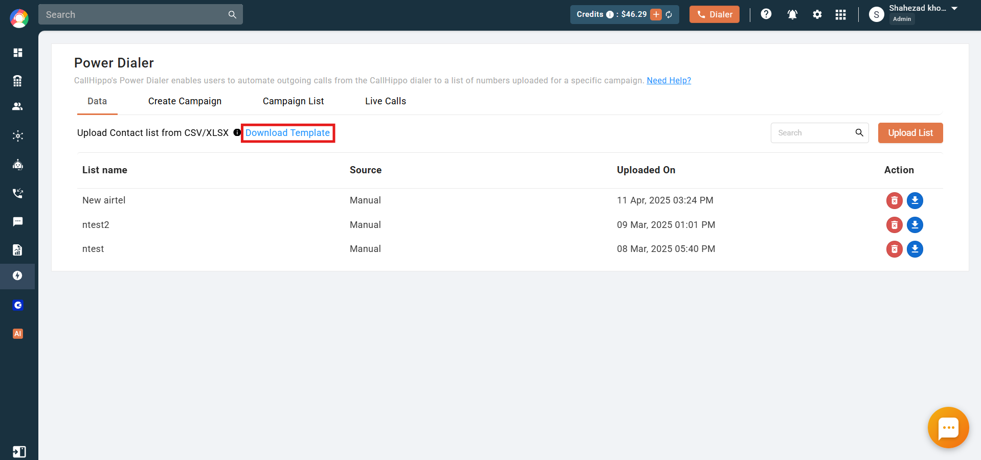 Data tab with the Download Template link highlighted next to the upload contact list text