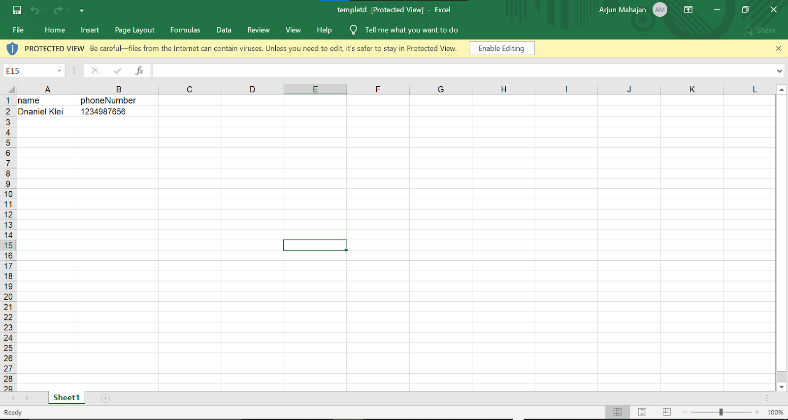 Spreadsheet template showing name and phoneNumber column headers with a sample contact row