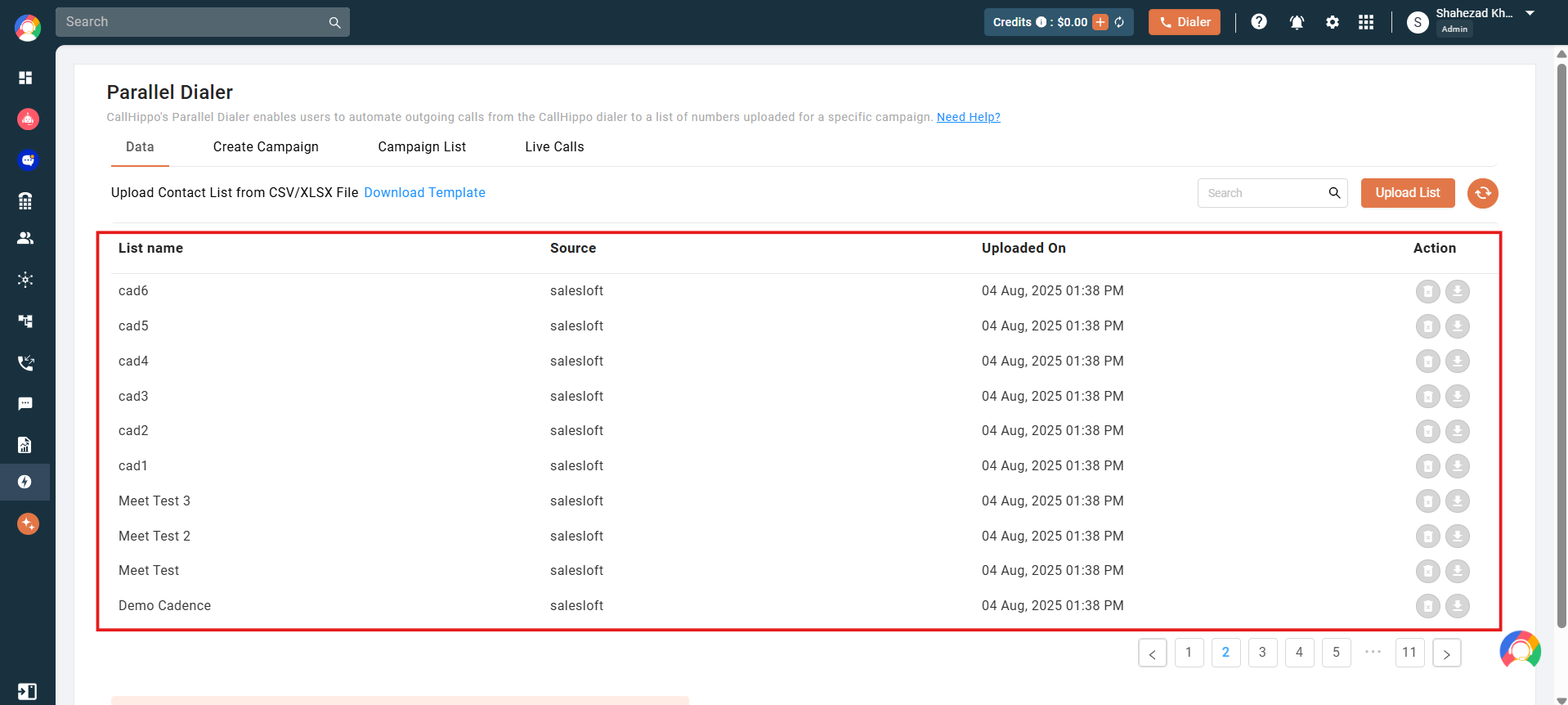 Parallel Dialer Data tab listing contact lists fetched from the Salesloft integration with the integration shown as the source
