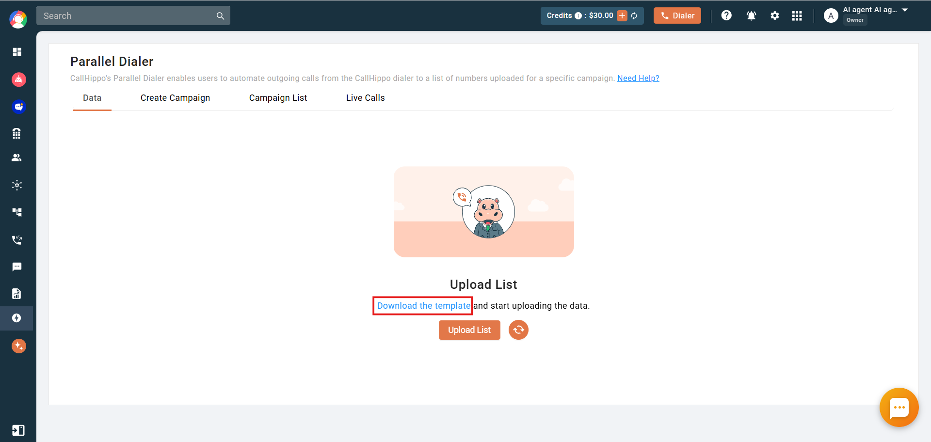 Empty Parallel Dialer Data tab with the Download the template link highlighted above the Upload List button