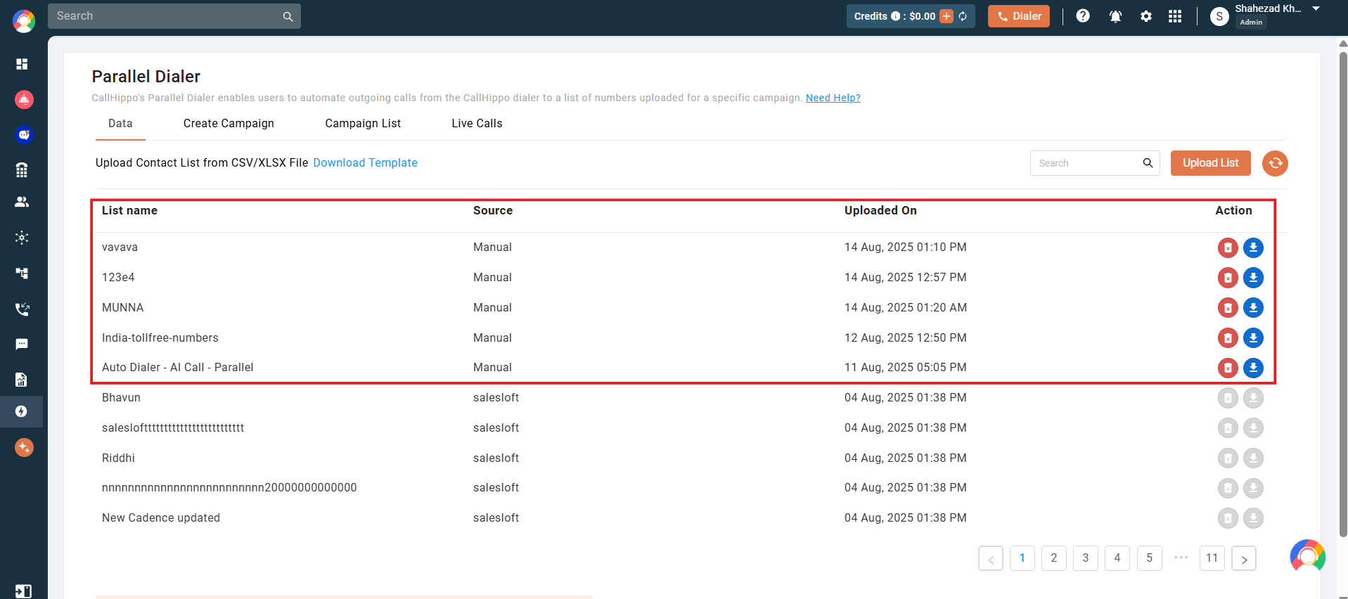Upload List popup with a List Name field, a Browse File upload button and the Submit button highlighted